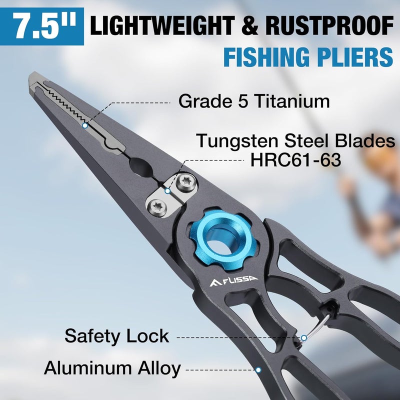 FLISSA 7.5 Inch Lightweight Fishing Pliers, Titanium 6Al-4V Jaw and Tungsten Carbide Line Cutters, Safety Lock Fish Pliers with Aluminum Handle, Sheath & Lanyard, Fishing Gear Gifts for Men - Image 3